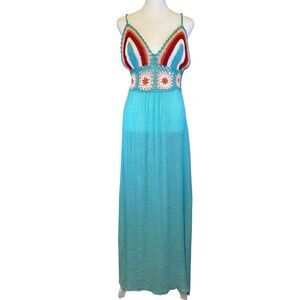 SHEIN Womens Halter Neck‎ Crochet Bust Maxi Dress Multi Color Aqua Sz Large